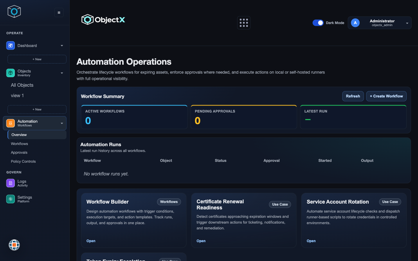 ObjectX automation operations with workflow summary, run history, and renewal/rotation templates.