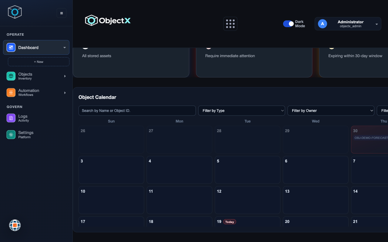 ObjectX object calendar showing expiring objects placed on their expiration dates.
