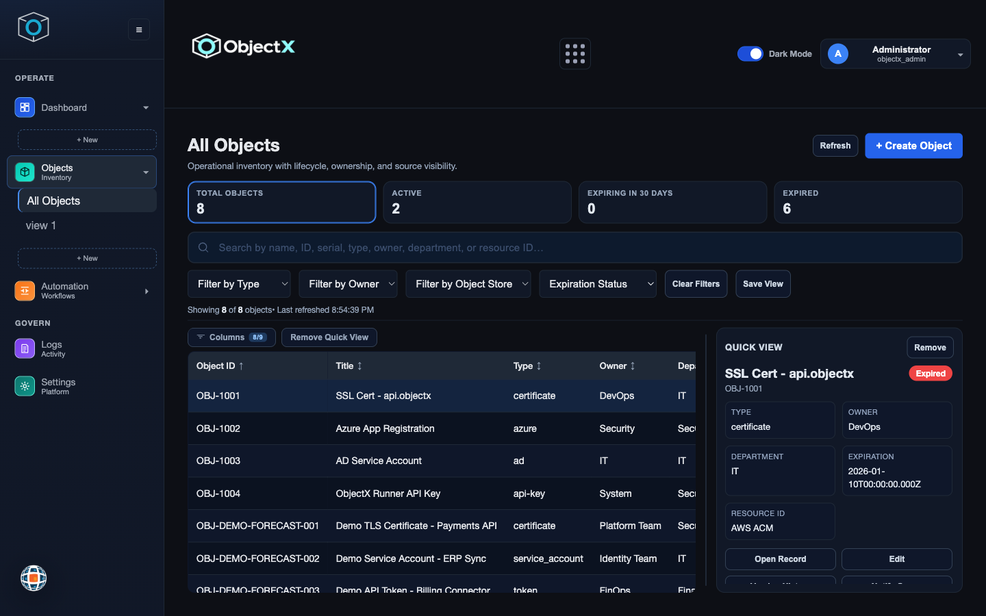 ObjectX inventory listing certificates, keys, and accounts with type, owner, expiration, and status.