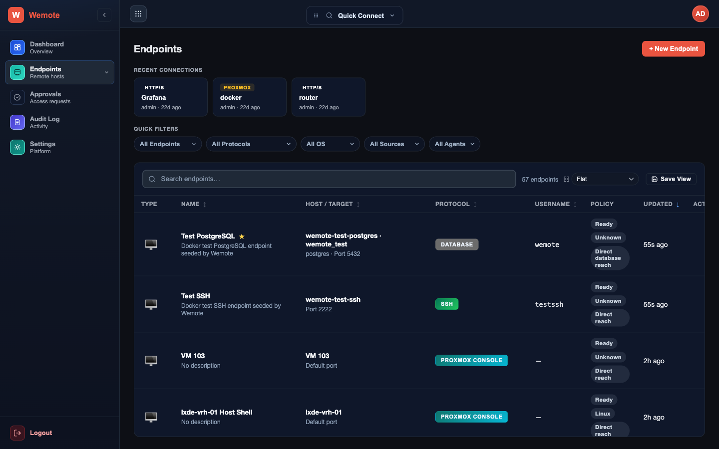 Endpoints view listing hosts, protocols, policies, and per-row reachability status.