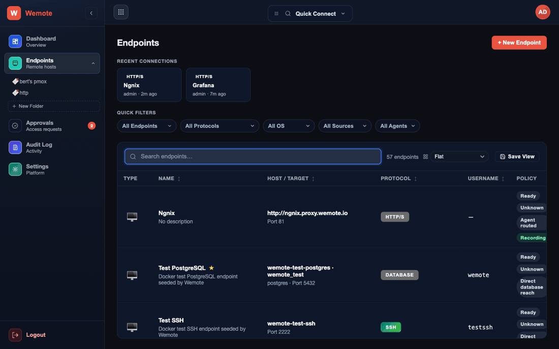 Walkthrough: searching for the nginx endpoint, picking a stored credential, auto-logging into Nginx Proxy Manager, navigating its UI, then opening the endpoint profile and playing back the recorded session.